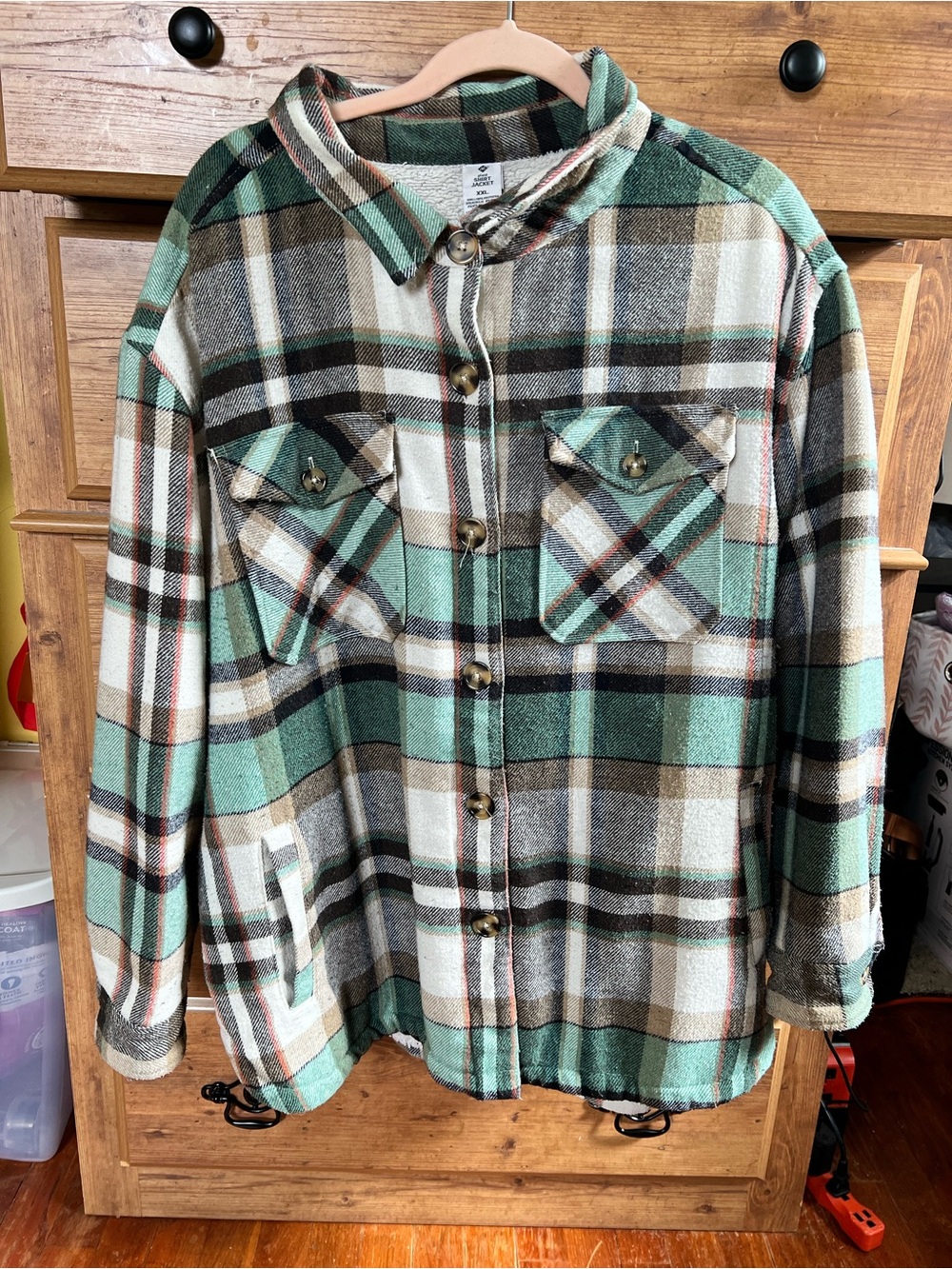 Plaid Shirt Jacket in Green and Cream